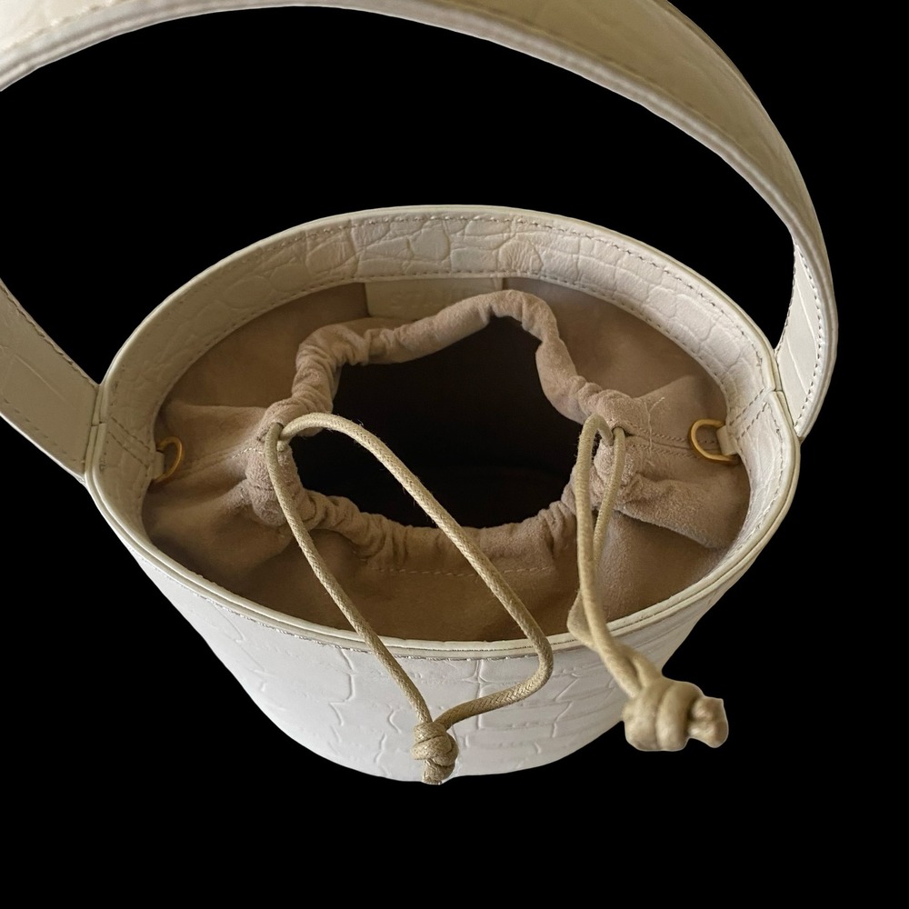 Staud Bissett Bucket Bag Cream Croc Embossed Leather Structured Top Handle Bag - Picture 4 of 8